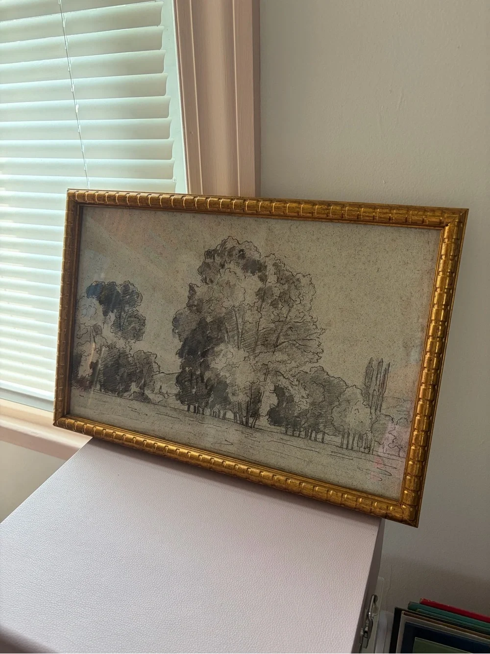 Gold-Framed Landscape Tree Drawing - Neutral Tones